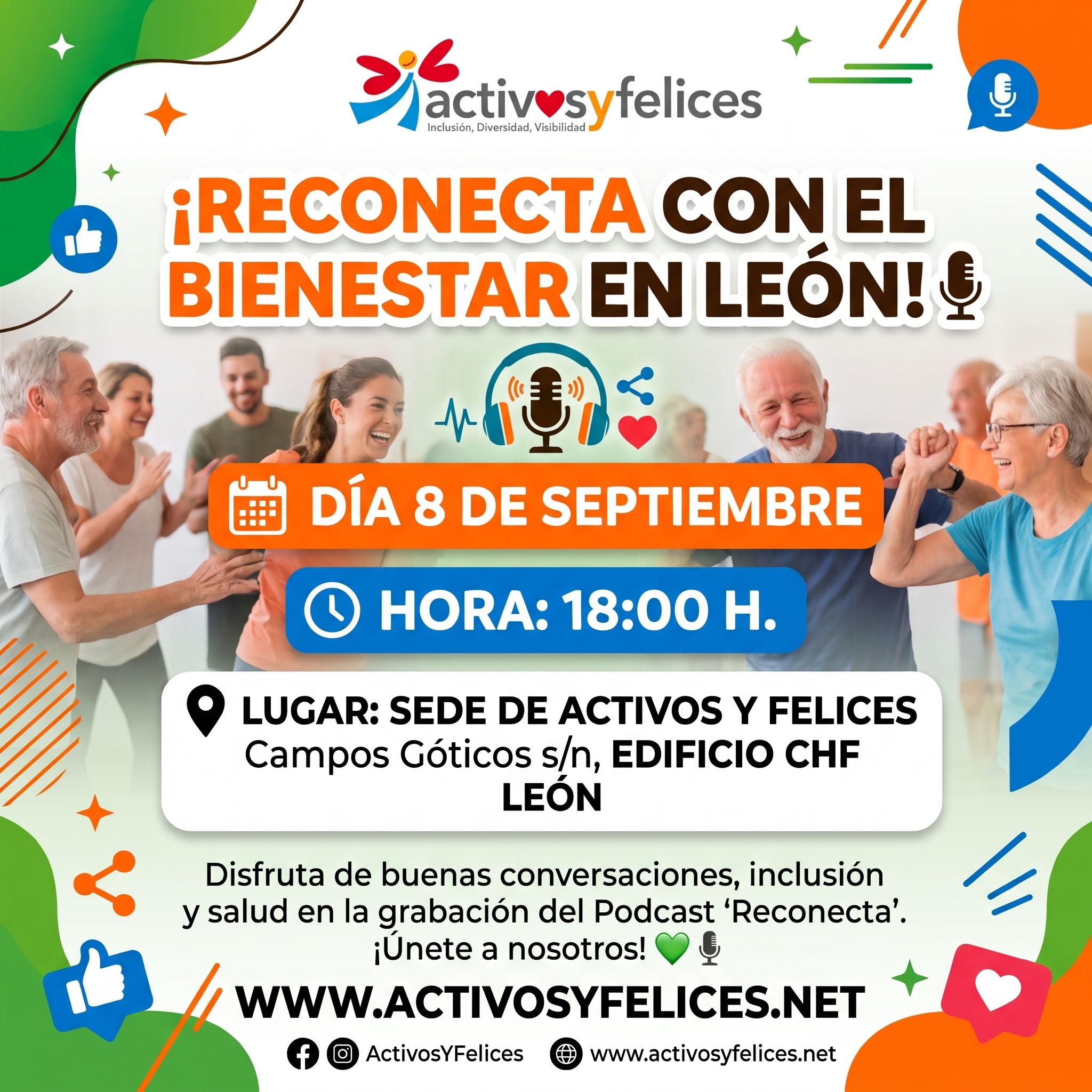 Grabación del Podcast Reconecta en León presentación de actividades de la Asociación Activos y Felices